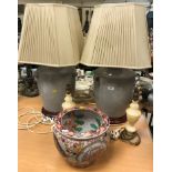 A pair of modern Chinese grey crackleware glazed vase style table lamps on stained beech turned