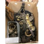 A box and collection of various horse brasses, martingales etc and a box of various cane handles,