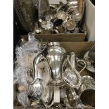 A large quantity of plated wares to include teapots, cutlery, candlesticks, card trays, goblets,