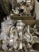 A large quantity of plated wares to include teapots, cutlery, candlesticks, card trays, goblets,