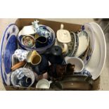 Three boxes of various china wares to include various Continental pottery bowls and dishes,