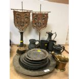 A collection of various metal wares to include 19th Century brass pestle and mortar 11.