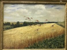G PAICE “A Covey of Thirteen English Partridge Over Cornfield”, oil on canvas,