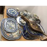 A collection of mainly blue and white china wares including pearl ware chinoiserie decorated ribbon