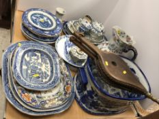 A collection of mainly blue and white china wares including pearl ware chinoiserie decorated ribbon