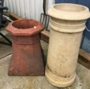 A terracotta chimney pot with square base, 46 cm high and a circular terracotta chimney pot,