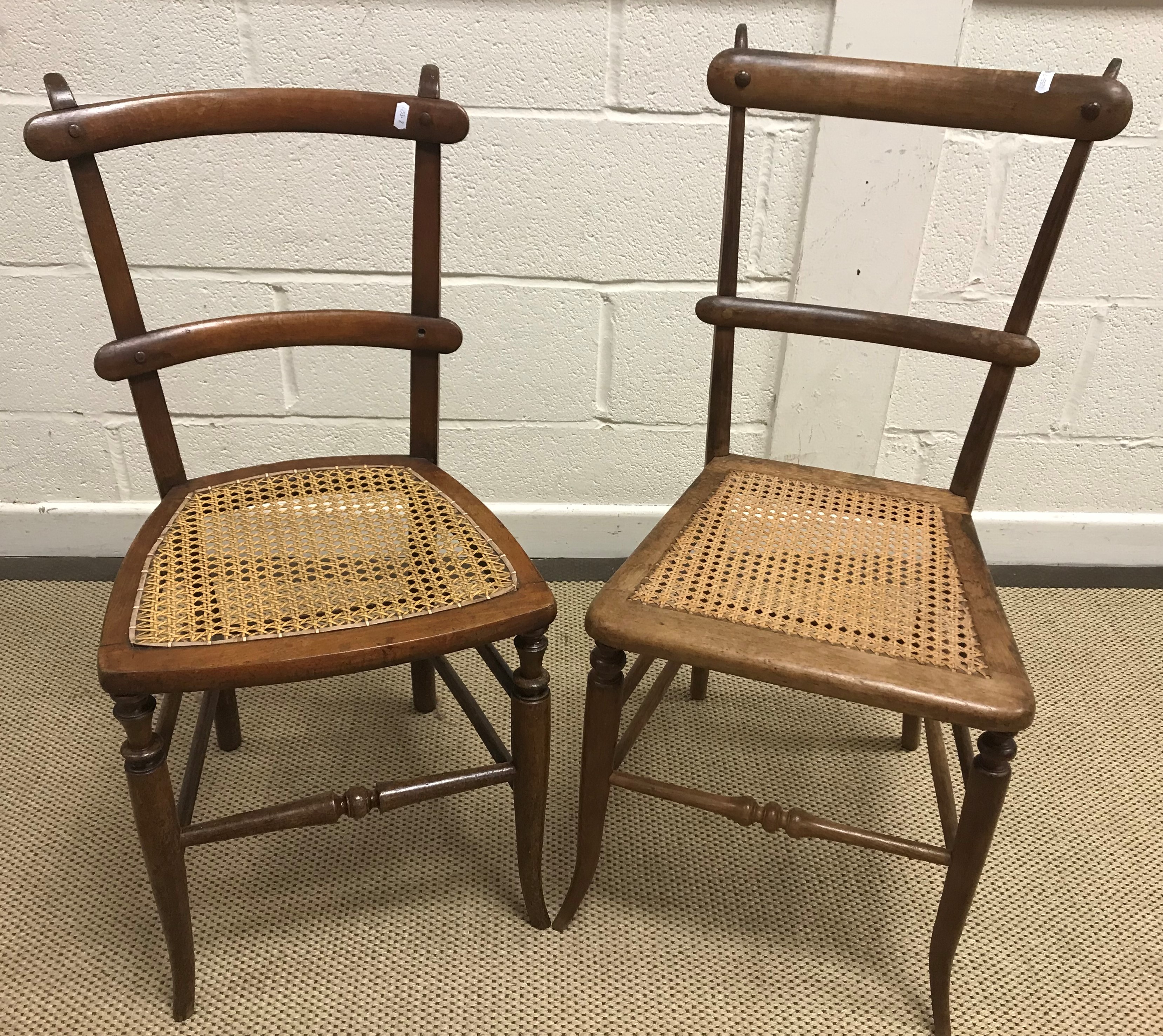 A set of three stained beech slat back kitchen chairs, two bar back bedroom chairs, - Image 4 of 6