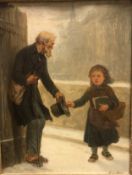 ANTONY SERRES (1828-1898) "Young girl with basket and book giving a coin to a beggar on a