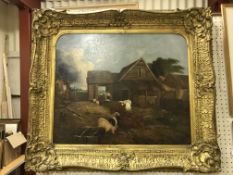 19TH CENTURY ENGLISH SCHOOL "Study of cows and pigs in a farmyard with farm workers in mid ground",