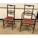 A pair of Edwardian stained beech and inlaid salon chairs, one with arms,