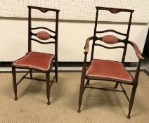 A pair of Edwardian stained beech and inlaid salon chairs, one with arms,