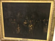 AFTER REMBRANDT "The Night Guard (or Night Watch)" oil on canvas, unsigned in gilt,
