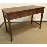 An Edwardian Sheraton Revival side table, the plain top over two satinwood banded drawers,