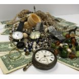 A small collection of costume jewellery, a silver cased pocket watch, various wristwatches,