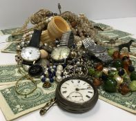 A small collection of costume jewellery, a silver cased pocket watch, various wristwatches,