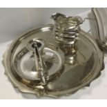 A collection of plated wares to include a three piece tea set, tureen,