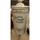 A stoneware water filter inscribed "Cheavin's Saludor (Safe Water) Filter - drinking water of