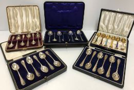 Five various cased sets of silver teaspoons,