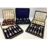 Five various cased sets of silver teaspoons,