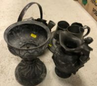 A collection of various metal ware to include a Charles Perron pewter water jug decorated in high