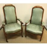 A 19th Century Continental stained beech high back upholstered open arm elbow chair on square