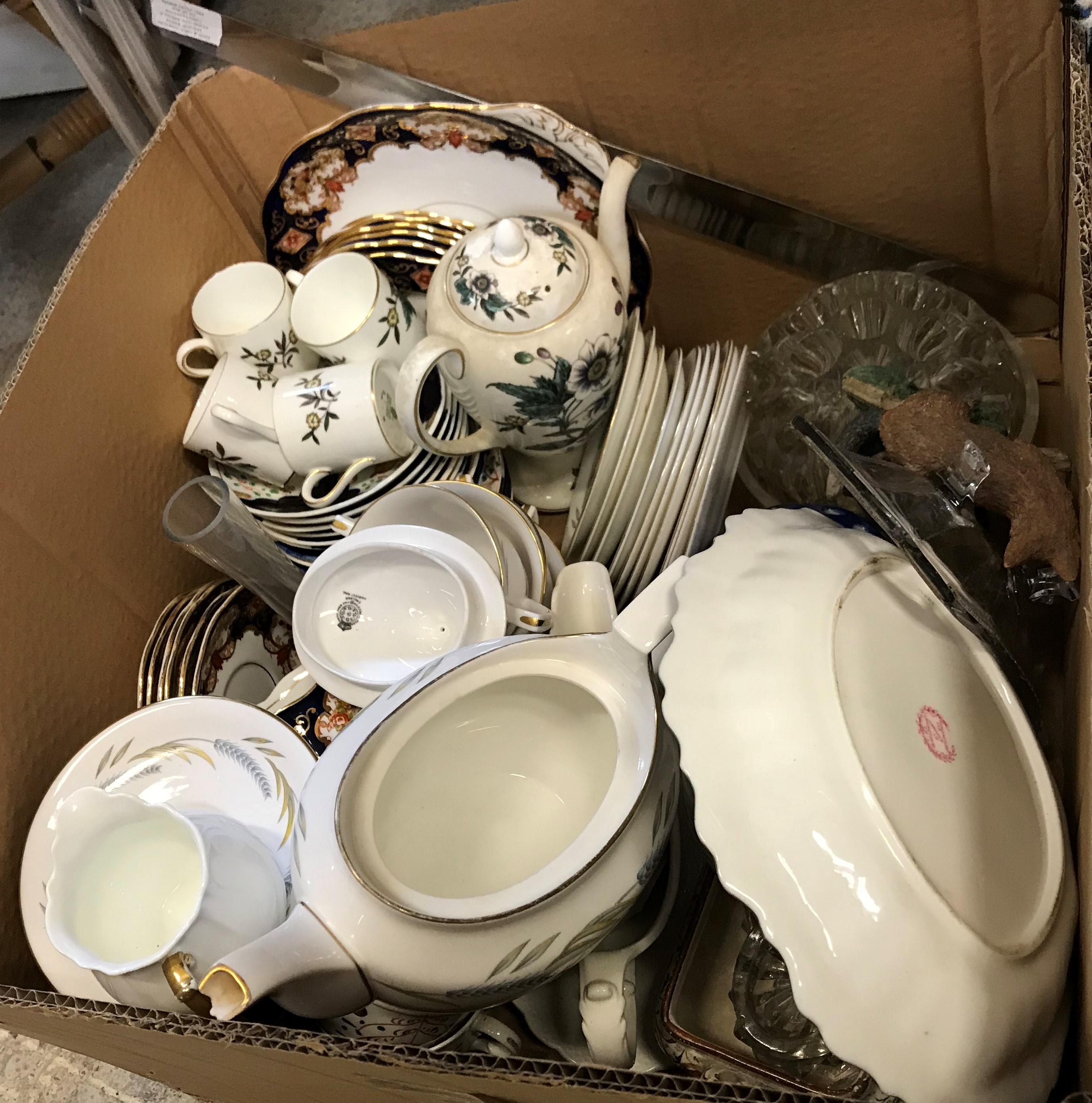 Three boxes of various china wares to include Royal Worcester Harvest Ring tea wares,