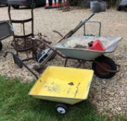 Two wheelbarrows, a collection of hand tools, vintage sack barrow,
