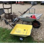 Two wheelbarrows, a collection of hand tools, vintage sack barrow,