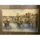 P GIULIANI "Continental river landscape with bridge", watercolour heightened with white,