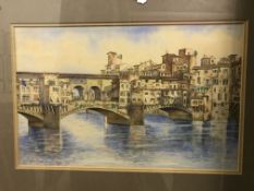 P GIULIANI "Continental river landscape with bridge", watercolour heightened with white,