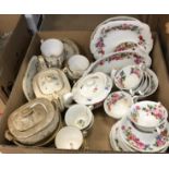 Two boxes of various tea and dinner wares to include floral transfer decorated part tea set,