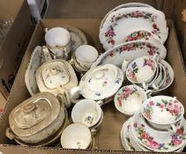 Two boxes of various tea and dinner wares to include floral transfer decorated part tea set,