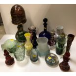 A collection of various mainly Continental coloured glasware including paperweight,