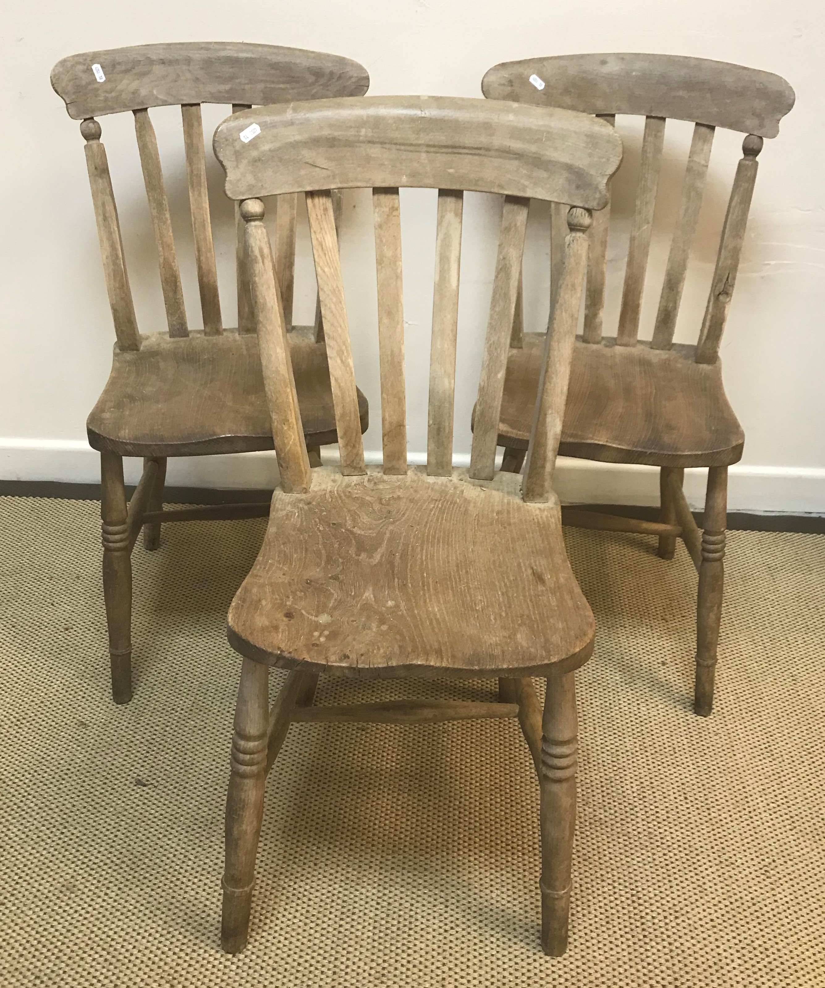 A set of three stained beech slat back kitchen chairs, two bar back bedroom chairs, - Image 2 of 6