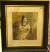 19TH CENTURY ENGLISH SCHOOL "Young girl seated with basket of flowers",