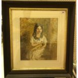 19TH CENTURY ENGLISH SCHOOL "Young girl seated with basket of flowers",