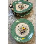 A Victorian ironstone dessert service, with underglazed transfer decoration and green banded border,