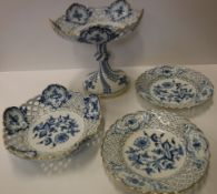 A 20th Century Meissen blue and white and gilt decorated onion pattern tazza with basket work top