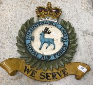 A painted cast iron sign with crown and wreath inscribed "Maintenance Unit 25 Royal Air Force - We