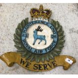 A painted cast iron sign with crown and wreath inscribed "Maintenance Unit 25 Royal Air Force - We