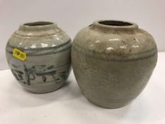 A provincial Chinese Ming style dark blue under glazed decorated ginger jar with stylised initial