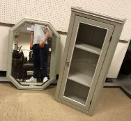 A grey painted single glazed door side cabinet,