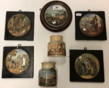 A collection of five Prattware pot lids including "The Village Wedding", "Uncle Toby", "Garibaldi",