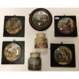 A collection of five Prattware pot lids including "The Village Wedding", "Uncle Toby", "Garibaldi",