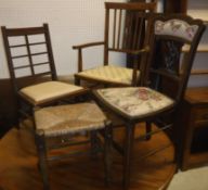 A pair of late Victorian mahogany lattice back salon chairs with upholstered seats,