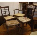 A pair of late Victorian mahogany lattice back salon chairs with upholstered seats,