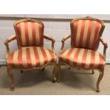 Two early 20th Century carved giltwood framed open arm elbow chairs in the Louis XV taste,