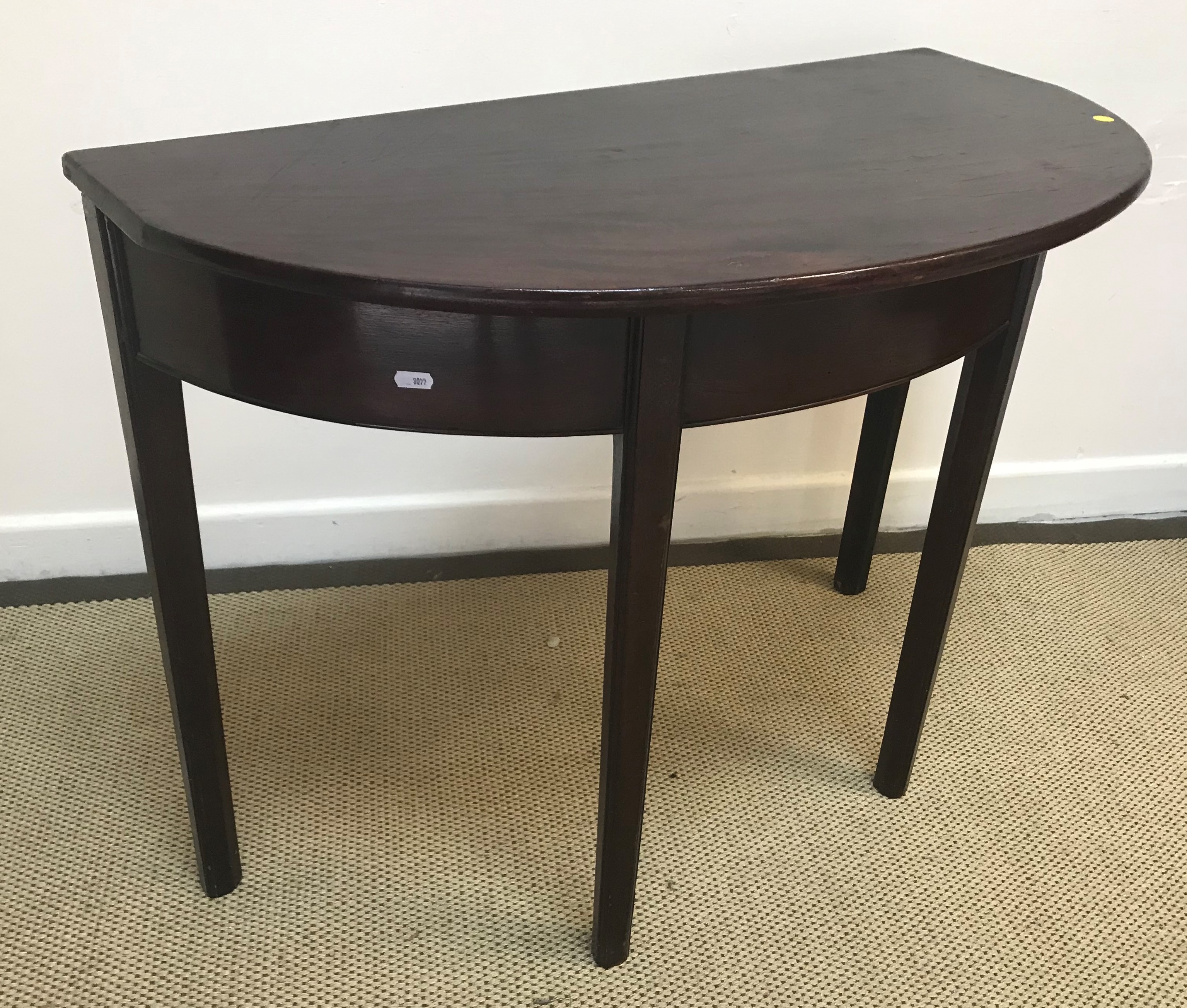 Two mahogany demi-lune side tables, one with cross-banded top on square tapered legs, - Image 2 of 2
