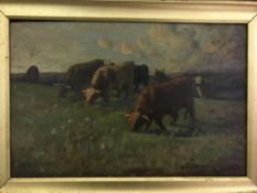 JOSEPH DENOVAN ADAMS "Cattle feeding on hillside pasture", oil on board, signed lower right,