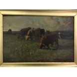 JOSEPH DENOVAN ADAMS "Cattle feeding on hillside pasture", oil on board, signed lower right,